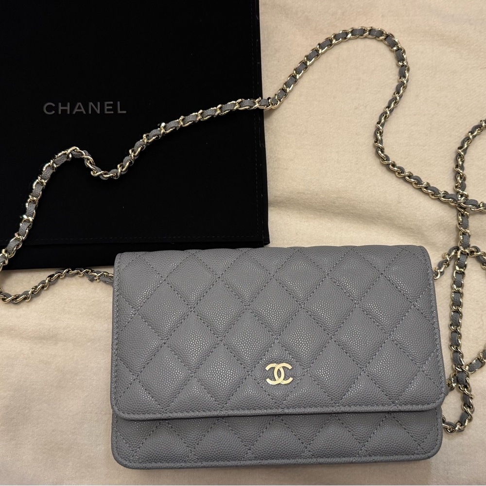 Chanel Quilted Gray Leather Crossbody with Chain